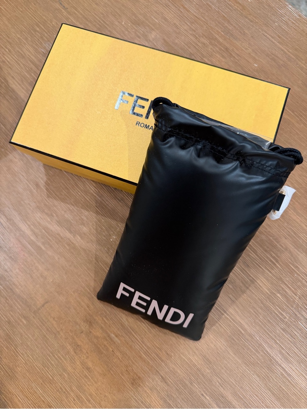 Fendi Black Sunglass Drawstring Pouch with Pale Pink Logo